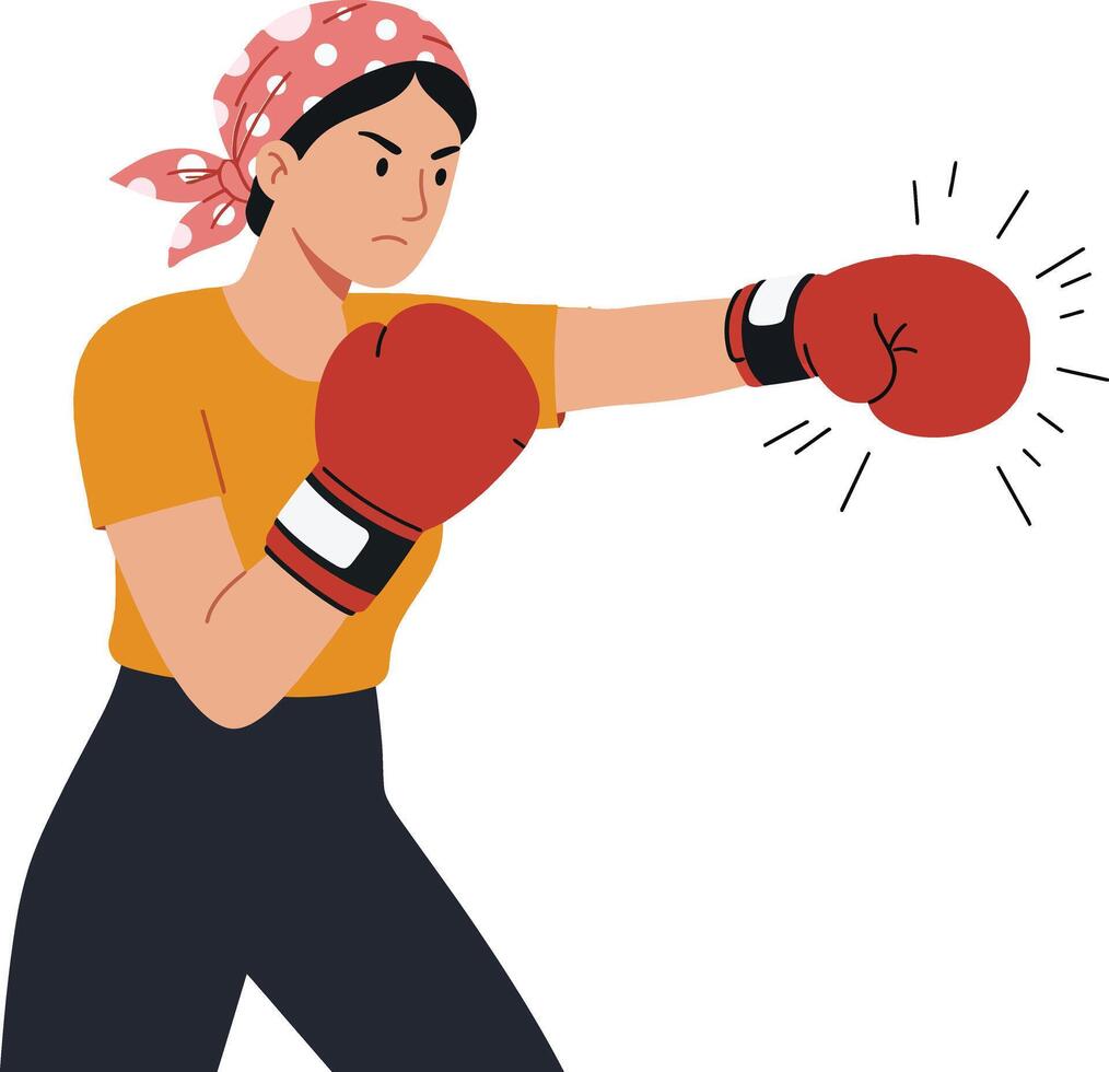 Female boxer in a yellow shirt and red gloves delivering a powerful punch in a flat illustration showcasing strength and determination vector