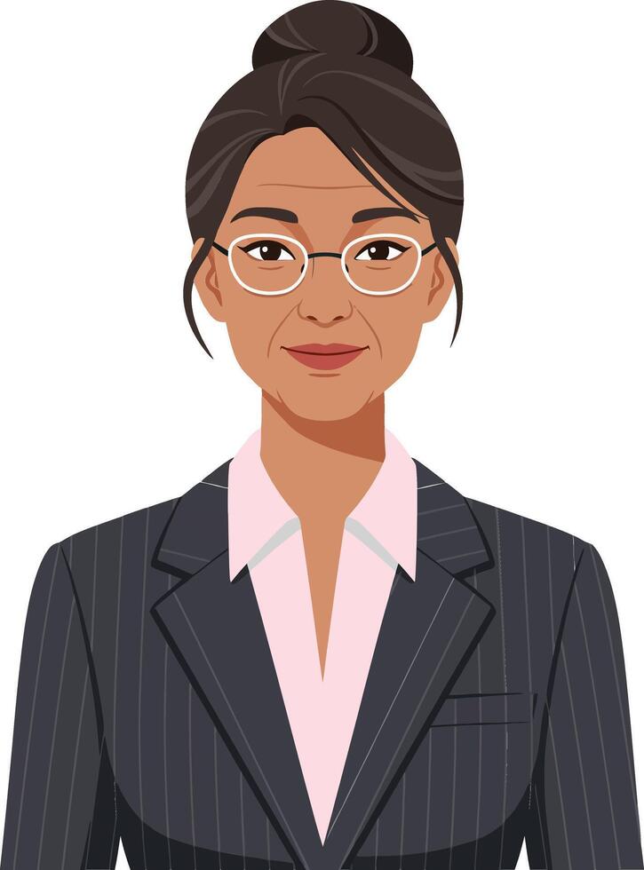 Confident businesswoman in a pinstriped suit, wearing glasses, displayed in a flat design style, showcasing professionalism and determination in art vector