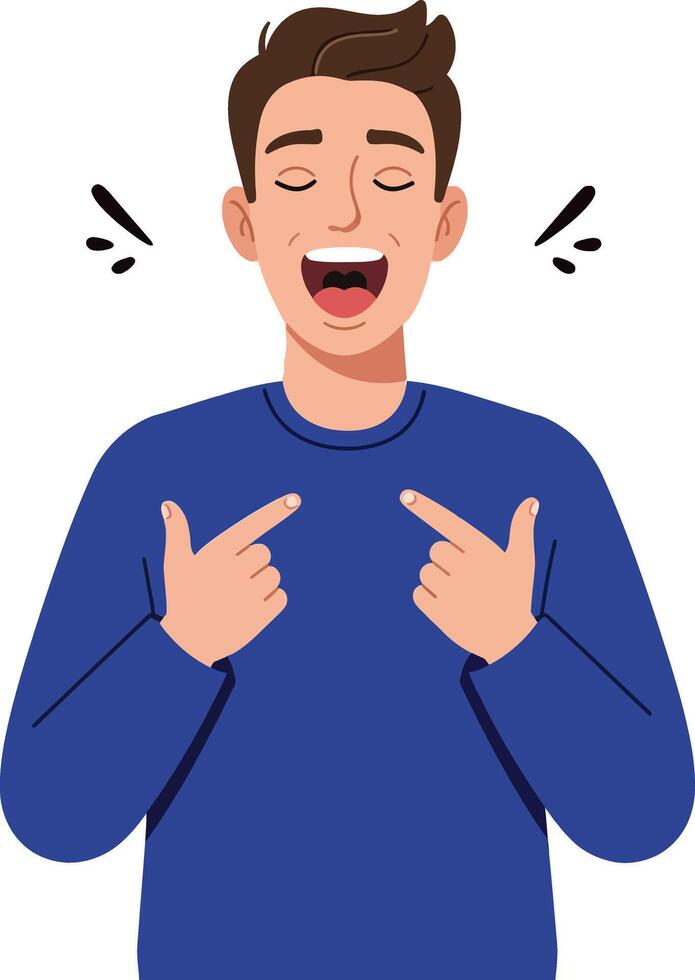 Cheerful young man with a blue sweater pointing at himself in a flat design illustration showcasing joy and self-confidence vector