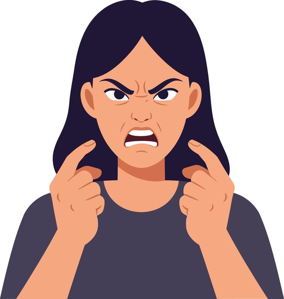 Angry woman expressing frustration with clenched fists in a flat design illustration showcasing intense emotions and strong body language in a minimalist style vector