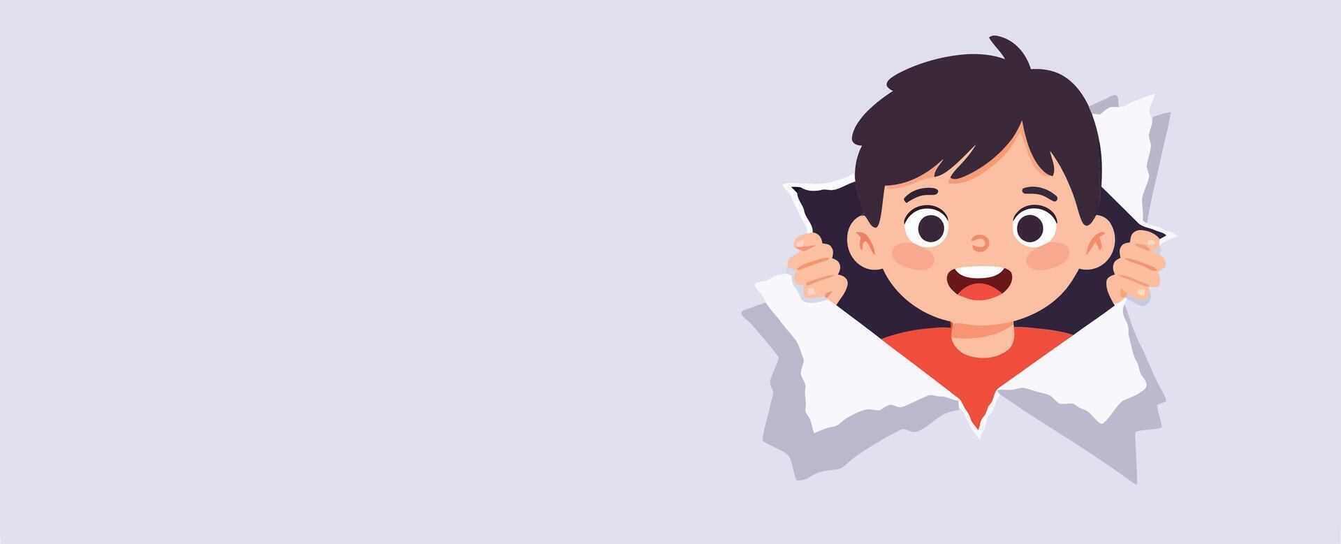A cheerful child breaking through paper in a playful, minimal style, expressing joy and curiosity in vibrant art vector