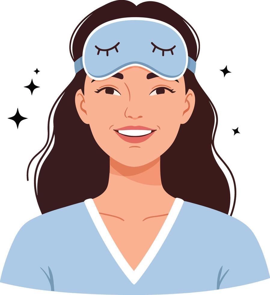Happy woman wearing a blue sleep mask and cozy pajamas, smiling cheerfully in a minimal flat illustration vector