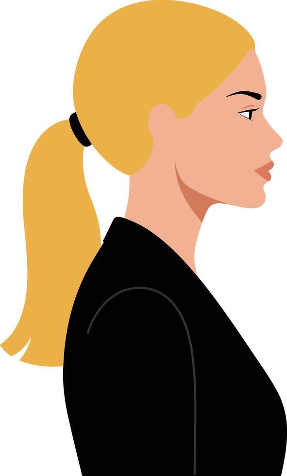 Profile view of a confident woman with blonde hair styled in a ponytail wearing a black blazer, flat design illustration vector