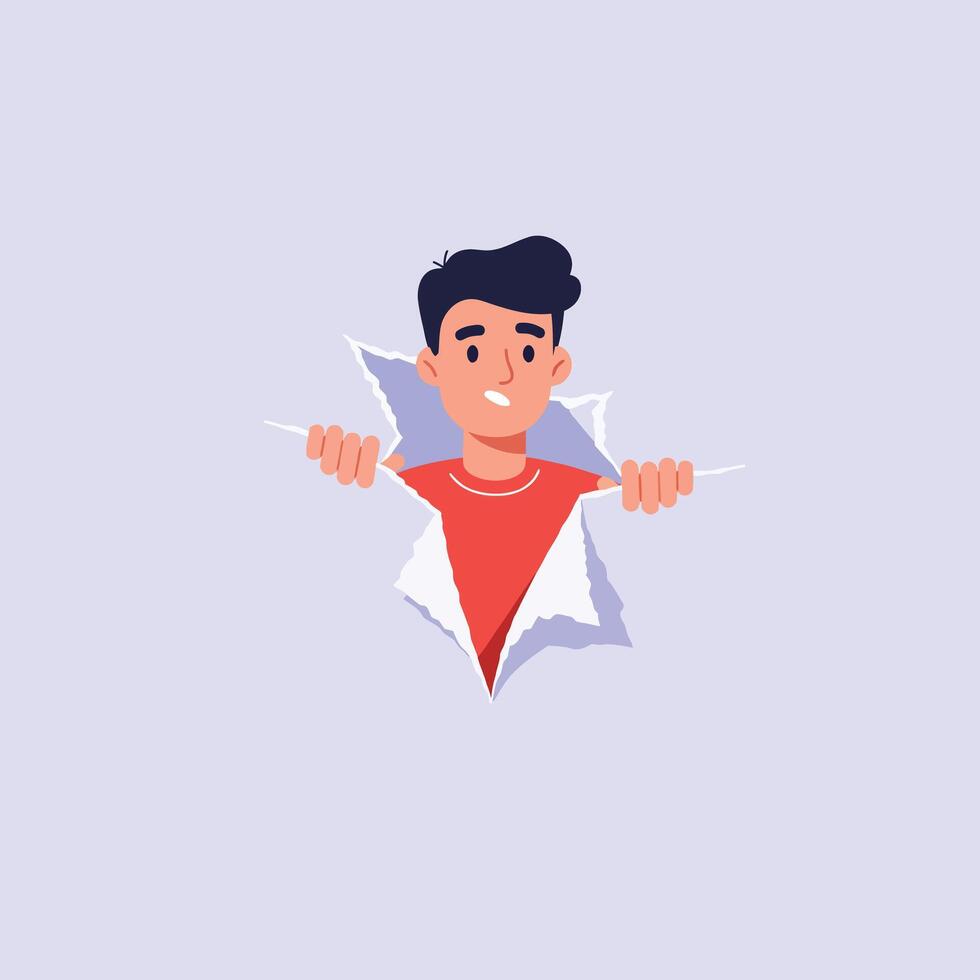 Young man breaking through a paper wall with a cheerful expression, showcasing a flat design style in vibrant colors, illustration vector