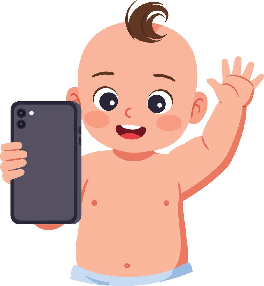 Happy baby holding a smartphone and waving cheerfully, showcasing a flat and colorful design style in playful art vector