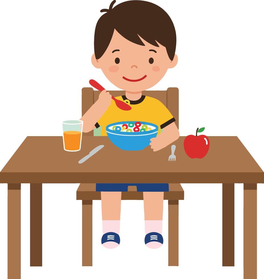 A cheerful boy enjoying a colorful cereal bowl at a wooden table in a flat illustration vector