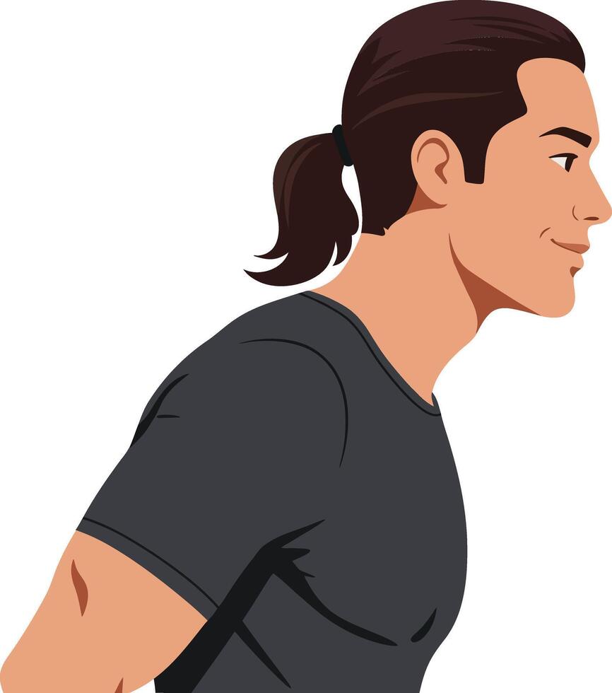 A young man with a ponytail wearing a black t-shirt in a side profile flat illustration showcasing confidence and determination vector