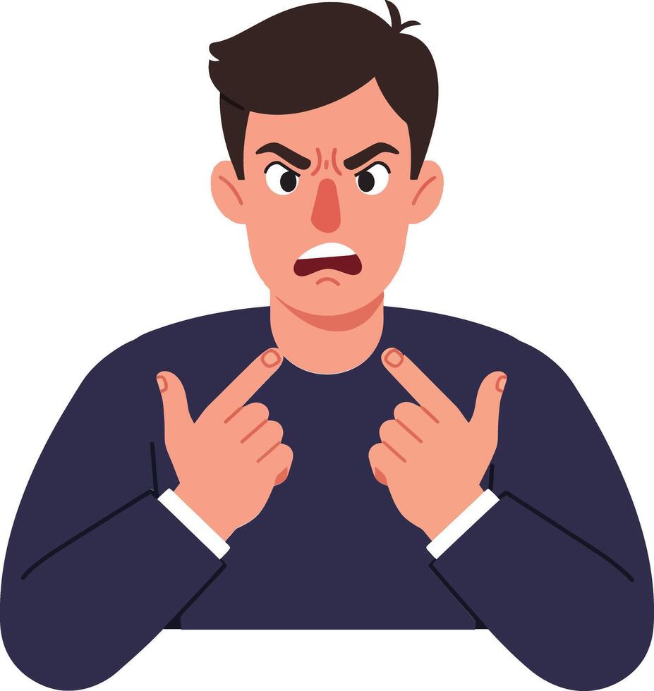 Angry young man expressing frustration with raised hands in a flat design illustration depicting emotions and communication in a playful manner vector