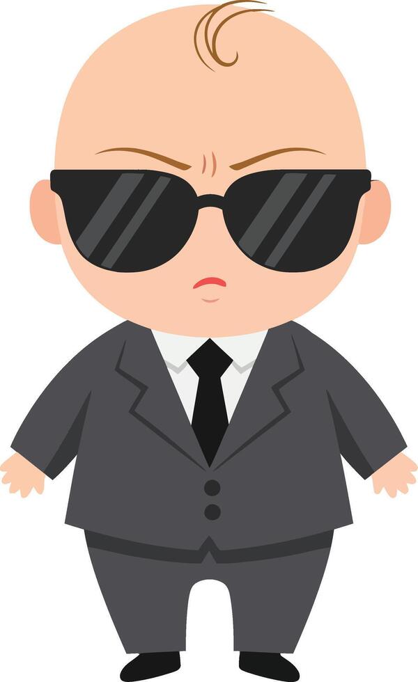Baby character dressed in a black suit and sunglasses, showcasing a confident expression in a minimal design style, perfect for playful art vector