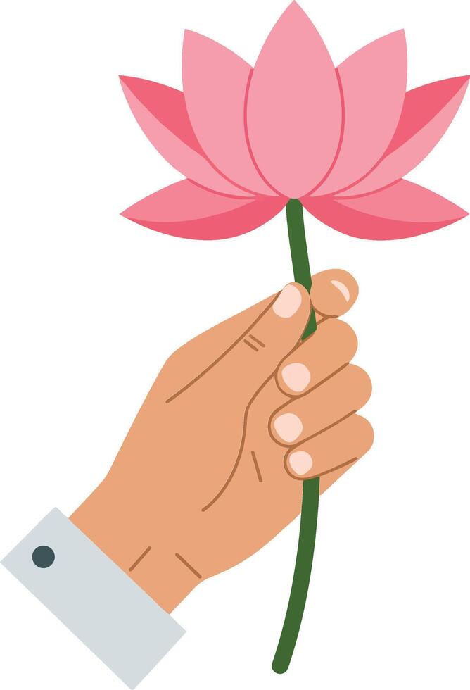 A hand holding a pink lotus flower against a clean background in a flat design style, symbolizing purity and beauty in art vector