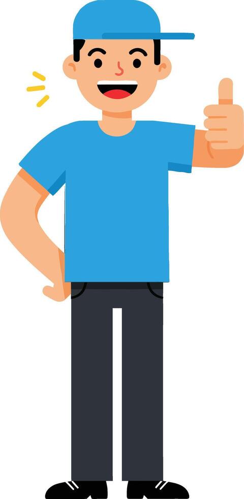 Happy young man in blue cap and shirt giving a thumbs up, smiling in a flat illustration vector