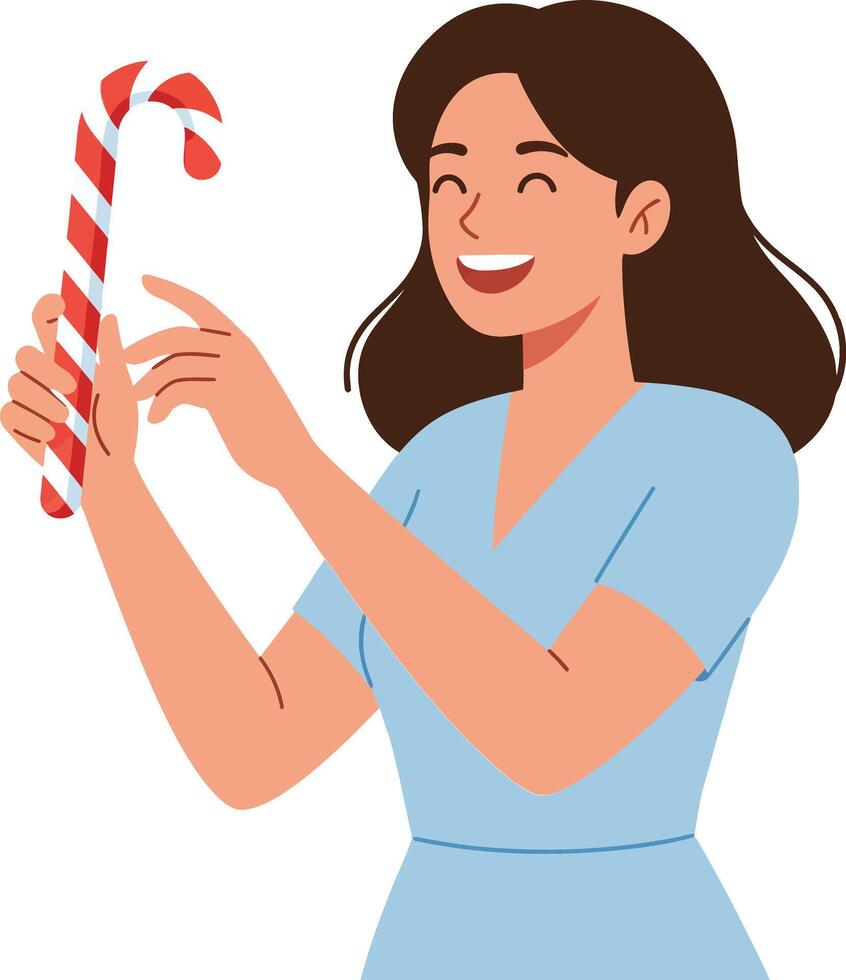 Cheerful woman holding a red and white candy cane in a playful manner with a minimalist design style illustration vector