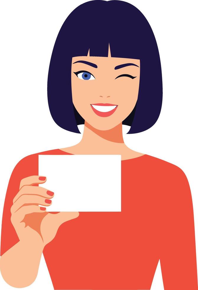 Cheerful young woman with short dark hair winking and holding a blank card in a minimal flat illustration vector