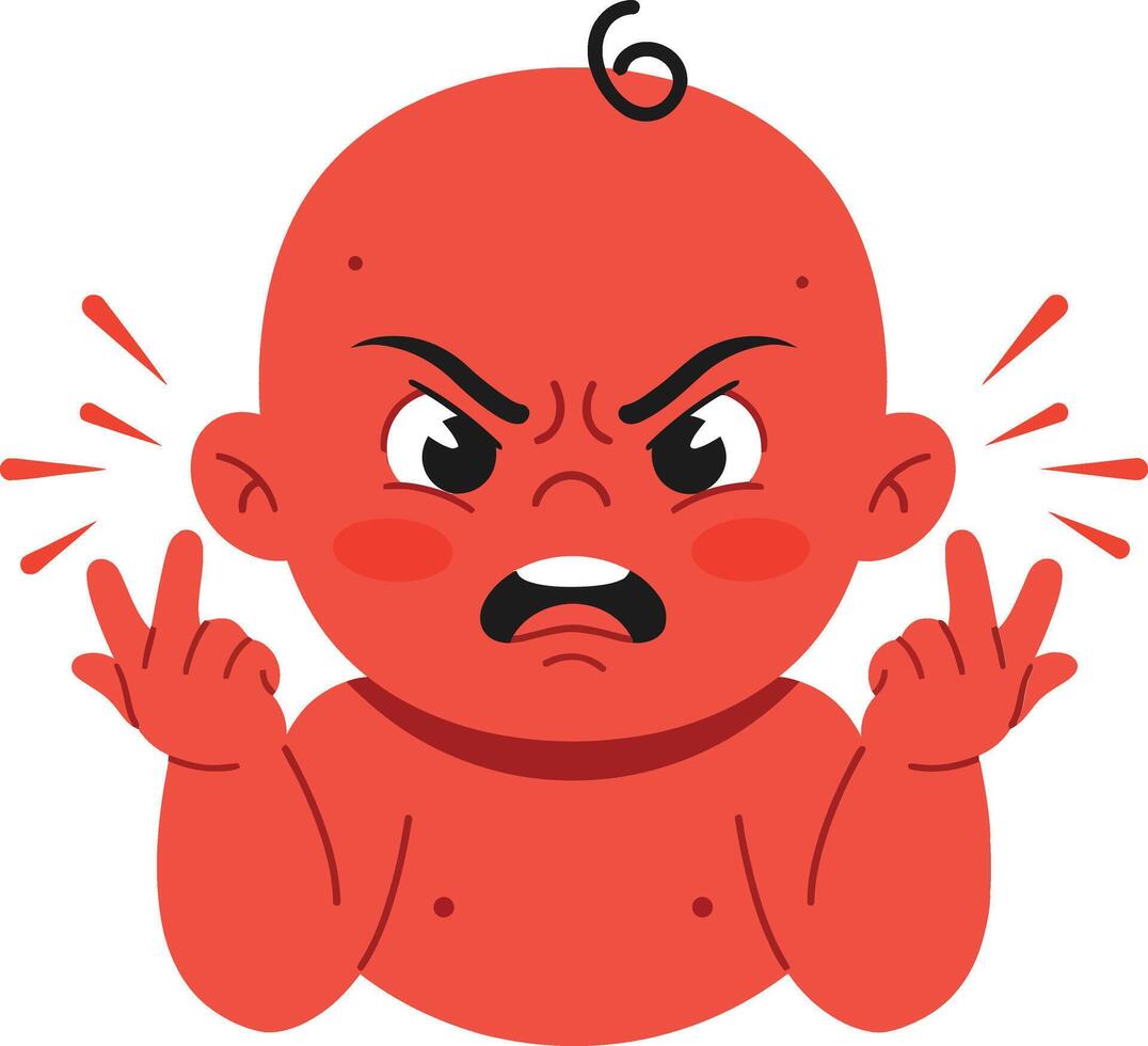 Angry baby character with raised hands in a bright flat design style showcasing frustration and emotion in cute art vector
