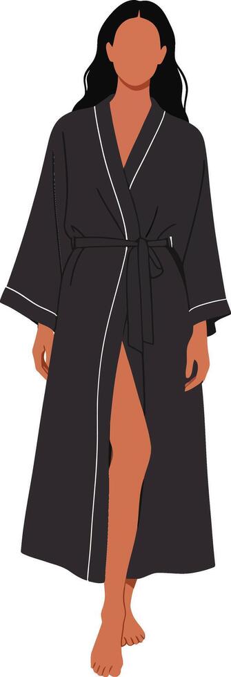A woman confidently walking in a stylish black bathrobe with elegant lines, minimalistic design, showcasing comfort and grace in illustration vector