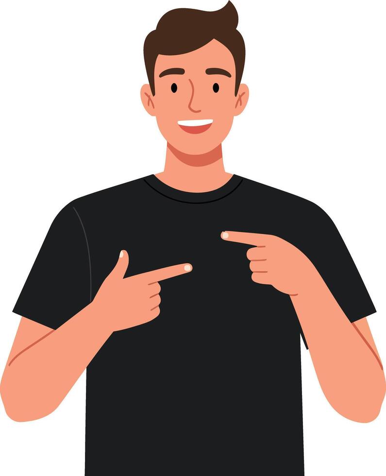 A cheerful young man in a black t-shirt pointing towards a blank space in a minimal illustration style showcasing friendliness and engagement in art vector