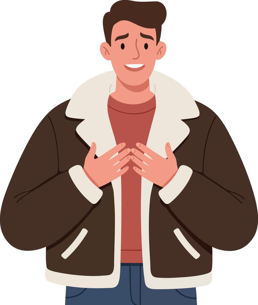 Cheerful young man wearing a stylish brown jacket with a white collar in a minimal flat illustration vector