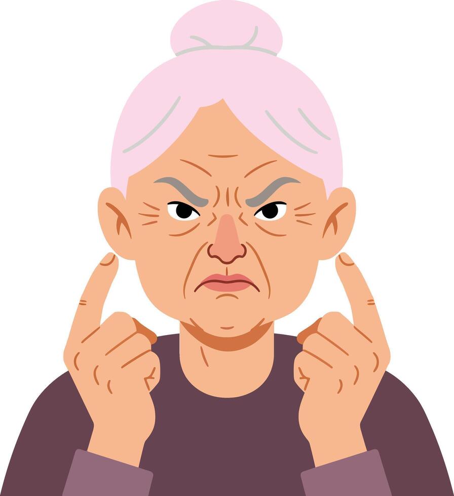 Angry elderly woman with a frown and raised fingers in a flat illustration showcasing frustration and displeasure in a minimal design style vector