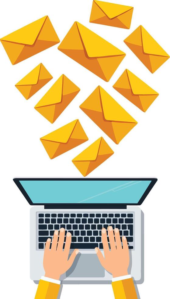 Hands typing on a laptop with floating yellow envelopes in a flat design style representing digital communication in art vector