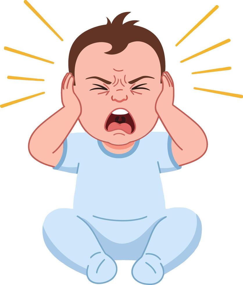 A frustrated baby sitting on the floor, wearing blue pajamas, expressing discomfort with loud cries in a flat art style vector