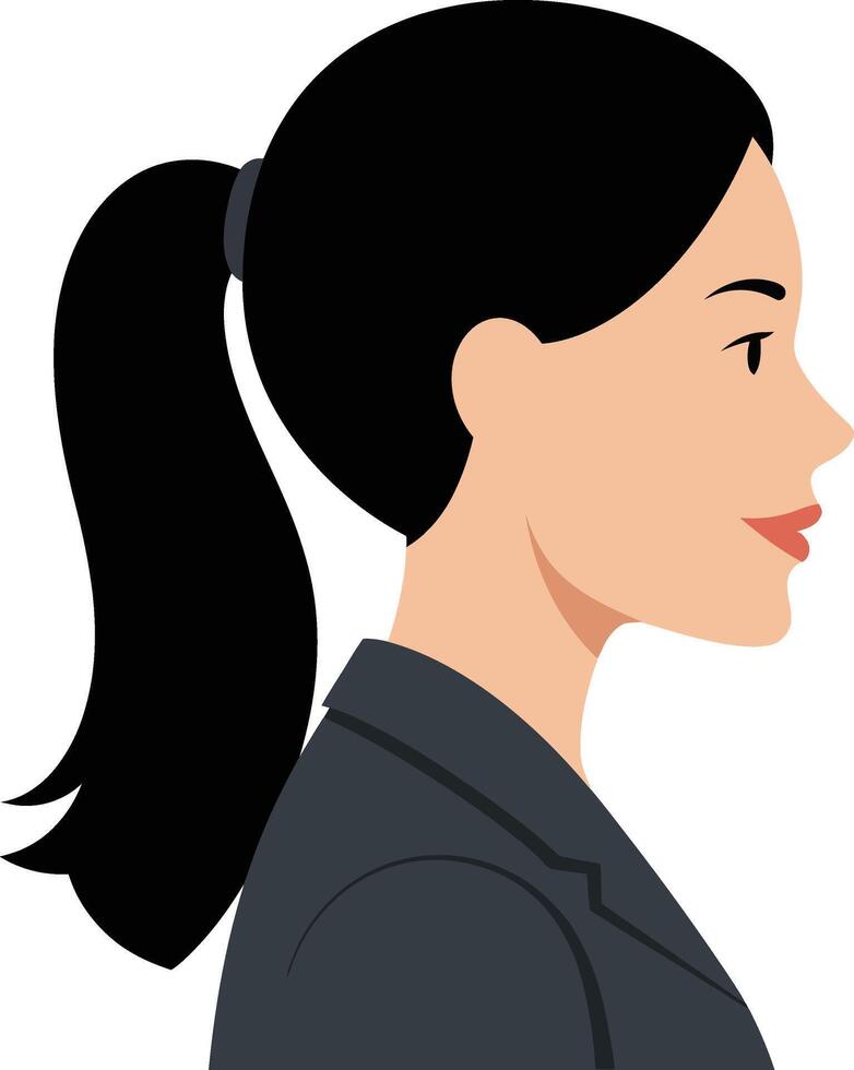 Professional woman with long black hair in a ponytail wearing a dark suit profile view flat illustration vector