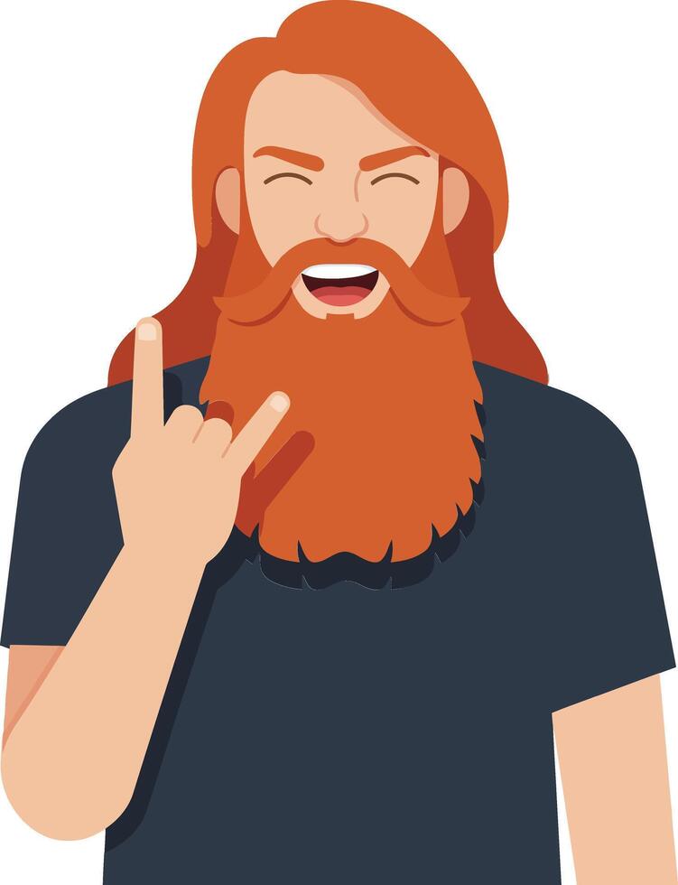 Cheerful man with long red hair and beard making a rock gesture in a minimal flat illustration vector