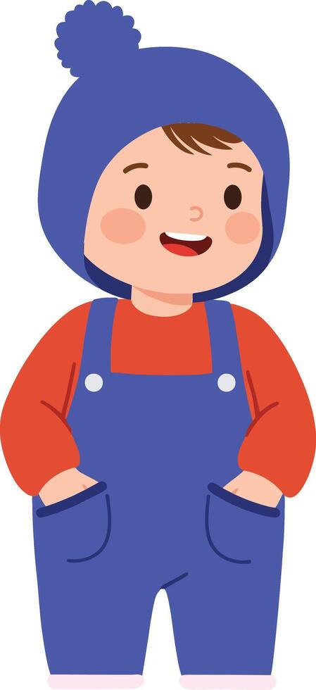 Cheerful young boy in blue overalls and hat smiling brightly, showcasing a flat and colorful design in this delightful art vector