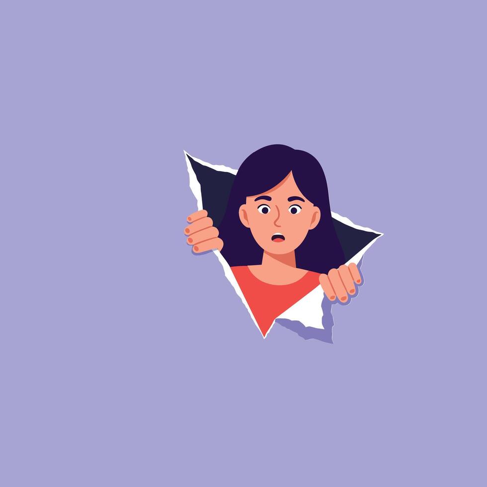 A surprised girl with dark hair peeking through a torn paper wall in minimal flat design art vector