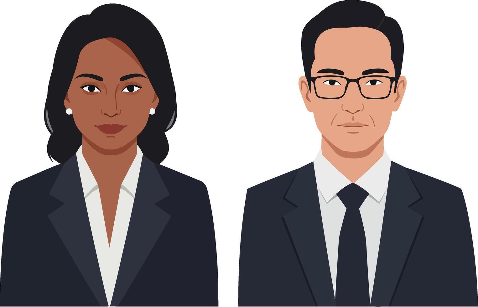 Two professional business individuals in sleek suits showcasing confidence and collaboration in a minimal flat illustration vector