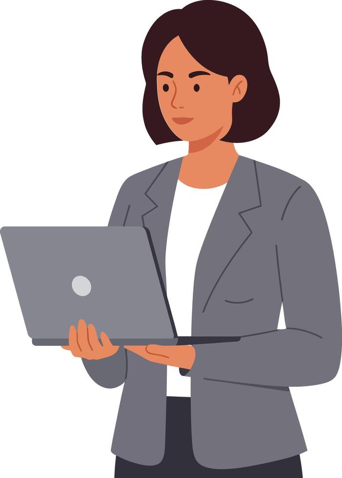 Professional woman in a grey blazer confidently holding a laptop while standing, flat illustration showcasing modern workplace vibes and focused demeanor in digital art vector