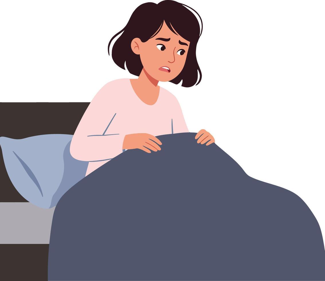 A young woman sitting up in bed, looking worried and concerned, minimal style, exploring emotions, illustration vector