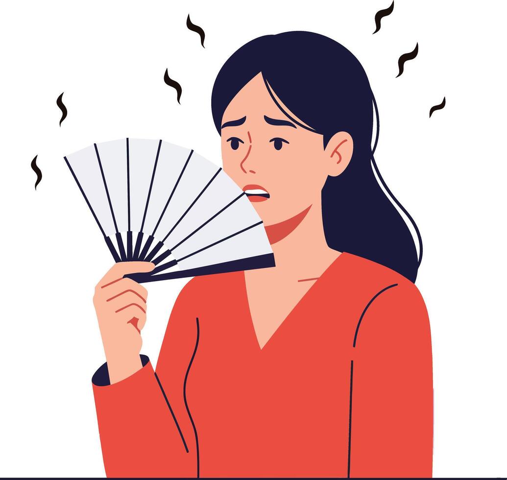 Woman feeling hot and fanning herself in a minimal flat design illustration expressing discomfort and frustration in a calm indoor setting vector