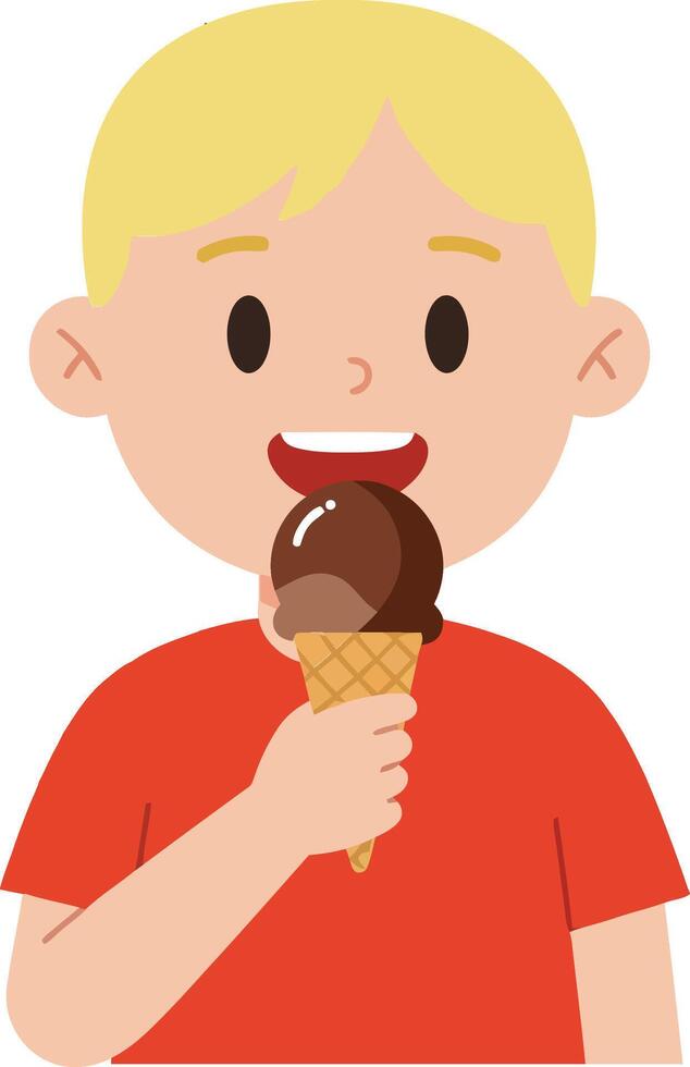 A cheerful boy enjoying a chocolate ice cream cone in a minimal flat design illustration vector
