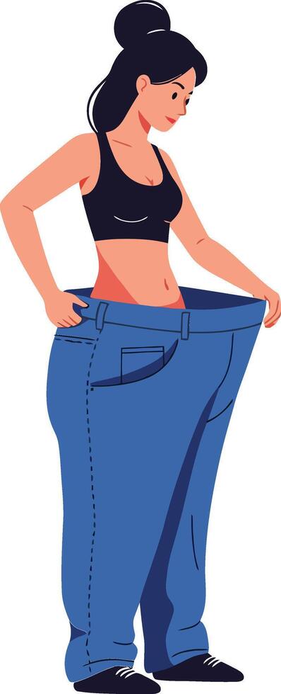 Woman proudly wearing oversized jeans in a flat, minimal design style showcasing transformation and confidence in art vector