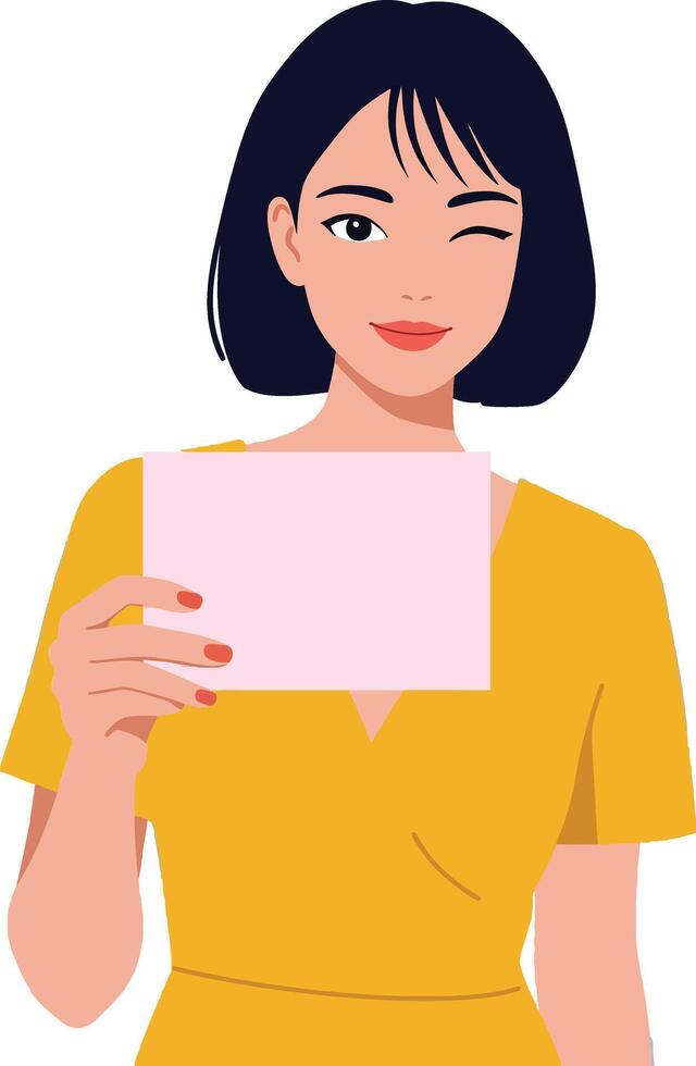 Confident young woman in a yellow dress playfully winking while holding a pink card in flat illustration vector