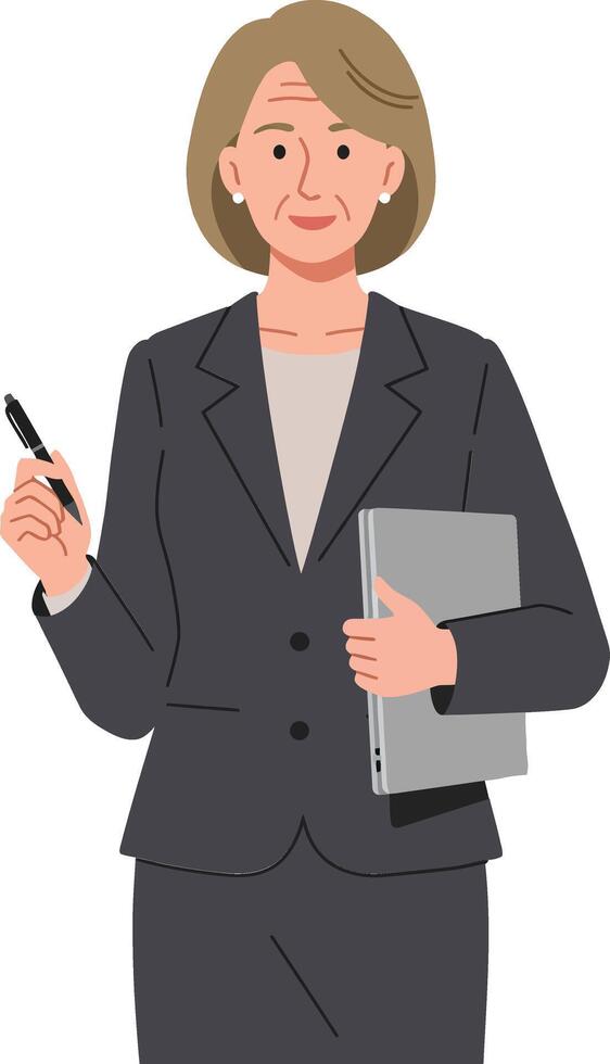 Confident businesswoman in a grey suit holding a tablet and a pen in a flat illustration vector