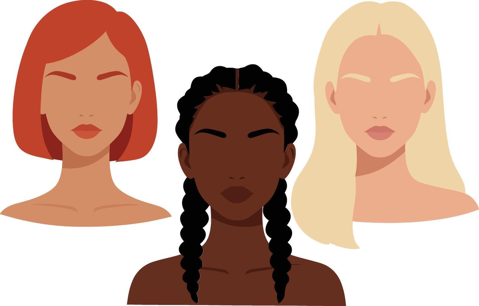 Three diverse women with varying hairstyles in a flat style showcasing individuality and beauty in art vector