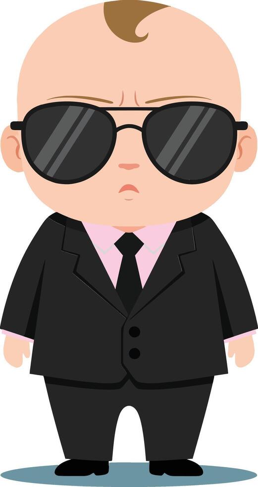 Cartoon baby in a black suit and sunglasses, standing confidently with a serious expression, flat illustration vector