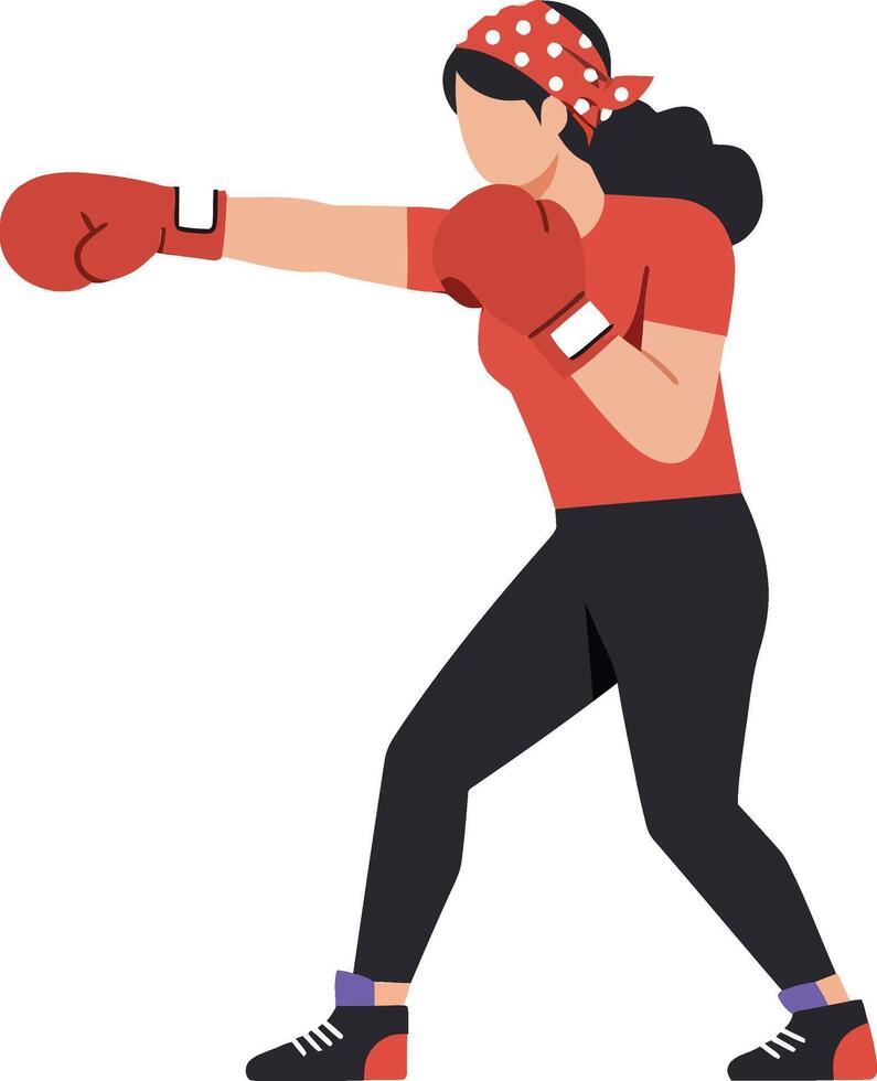 Confident female boxer in red gloves striking a powerful punch in a flat, minimalist style illustration vector