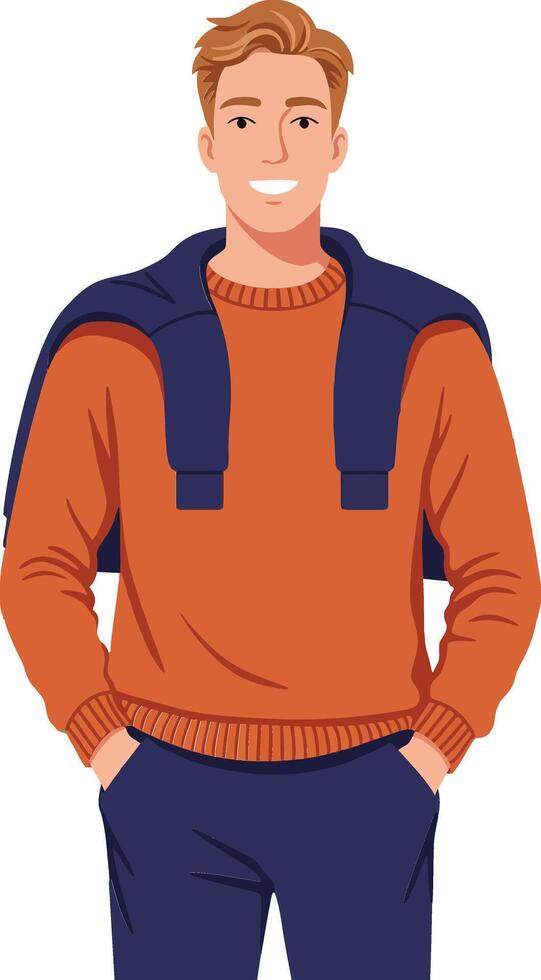 Young man smiling in casual attire with a sweater draped over his shoulders in a flat illustration vector