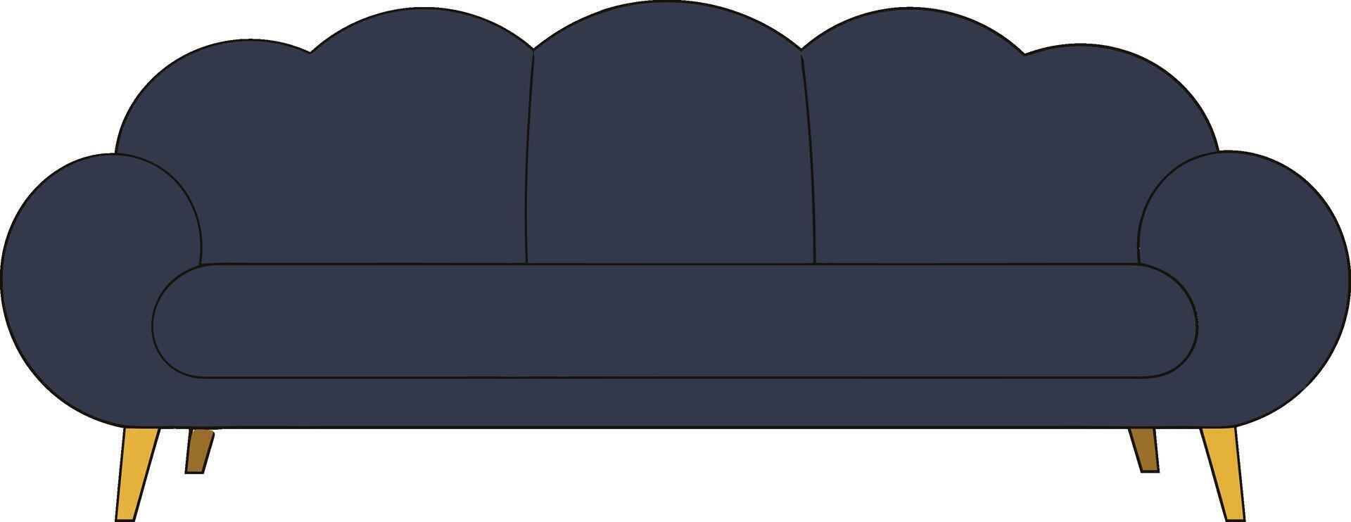 Cozy navy blue sofa with rounded edges and wooden legs in a minimal flat design style, perfect for modern interiors, illustration vector