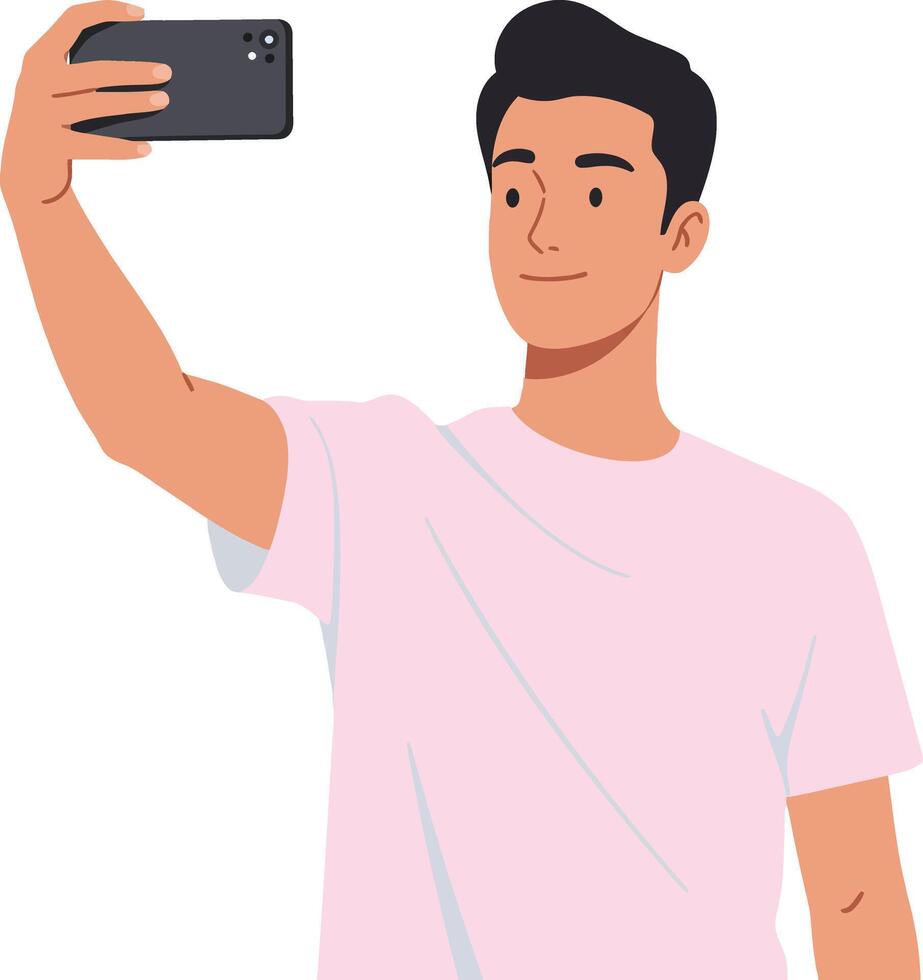 Young man taking a selfie in a casual pink t-shirt, showcasing a flat design style in this vibrant illustration vector