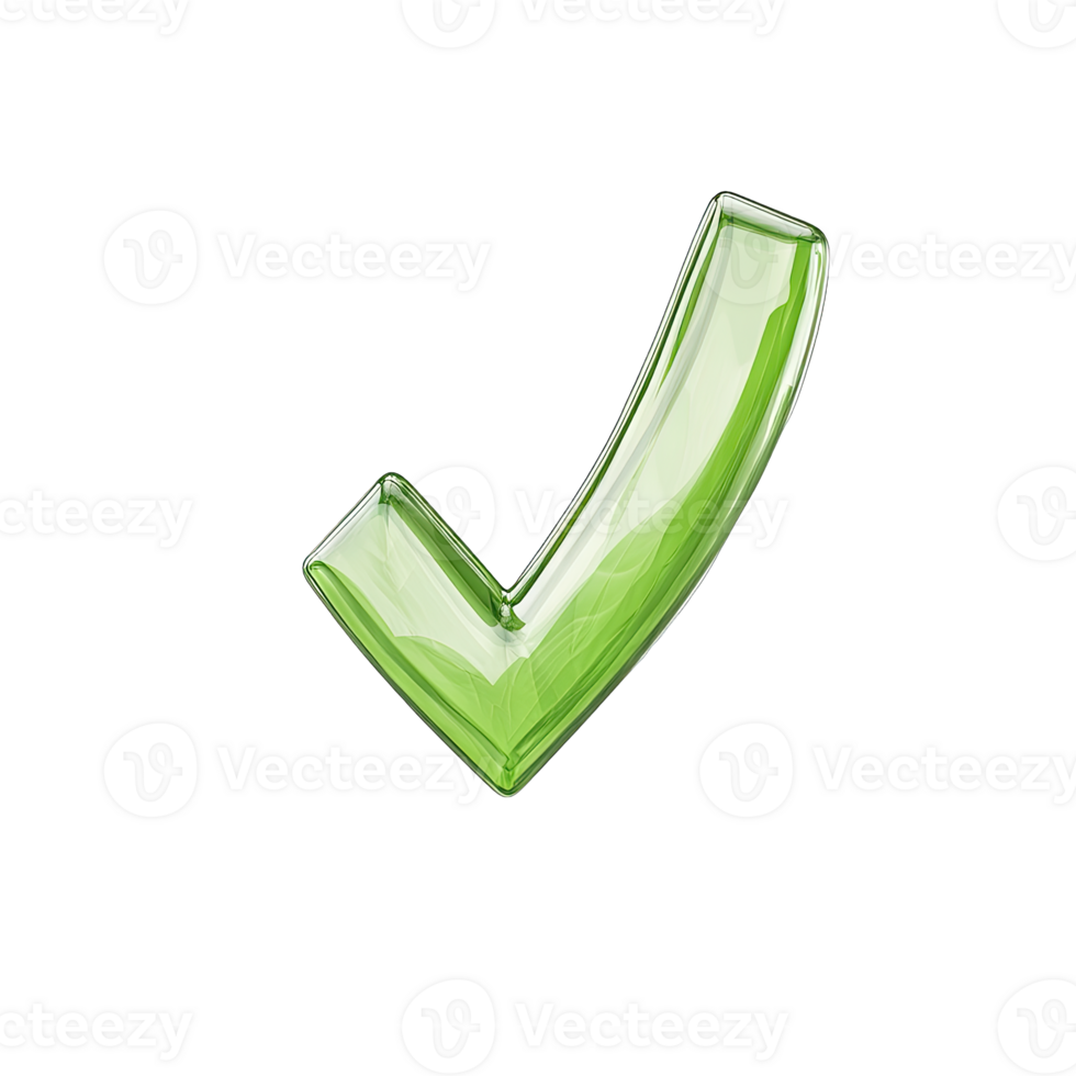 A shiny transparent green check mark isolated against a plain in a simple composition png