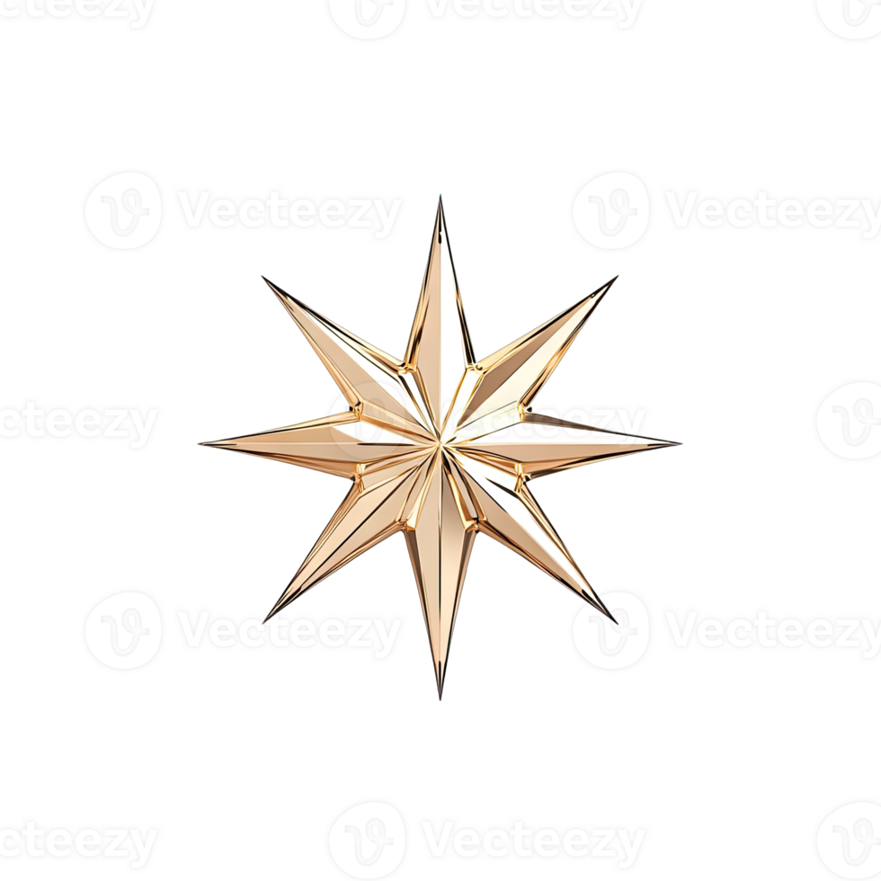 A gleaming golden star with sharp points radiating against a stark in a detailed render png