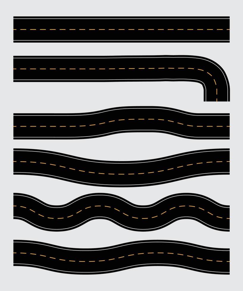 Highway roads, isolated set of straight and winding streets or ways. tracks and winding road curve pathway set illustration vector