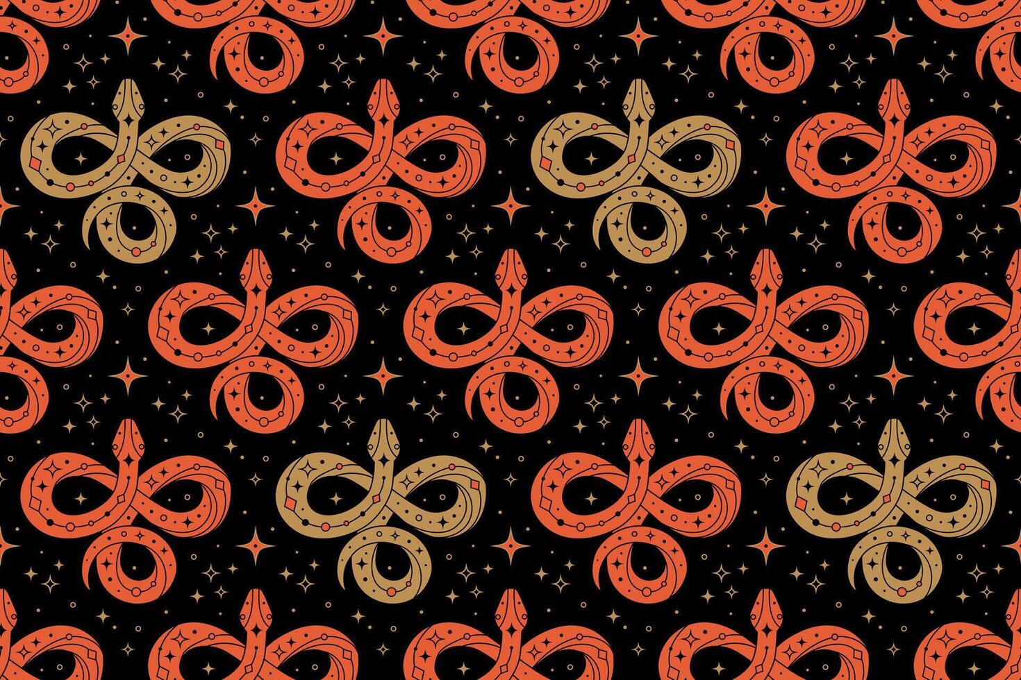 Seamless pattern with mystical red and golden snake on black background vector