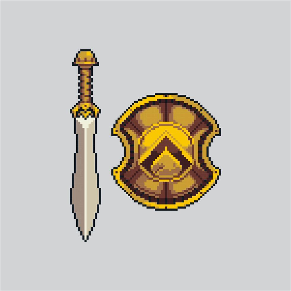 Greek Sparta Sword and Shield Weapon Icon pixelated for the pixel art game and icon for website and game. old school retro. vector