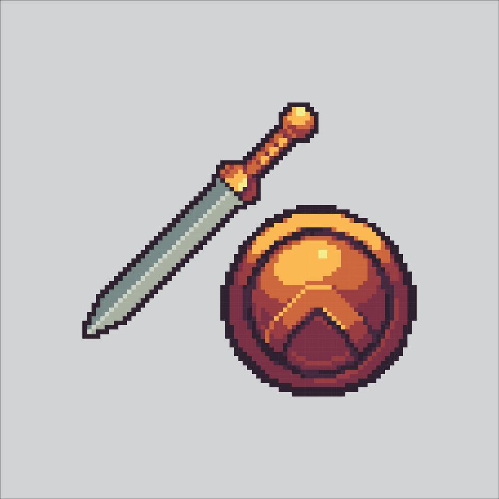 Pixel art illustration Gladiator Sword. Pixelated Gladiator Shield. vector