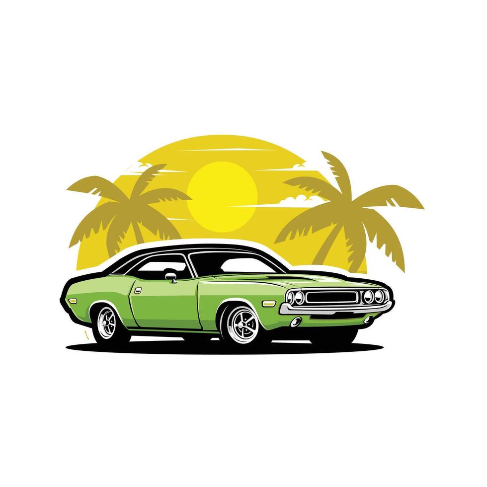 Classic muscle car in beach illustration isolated vector