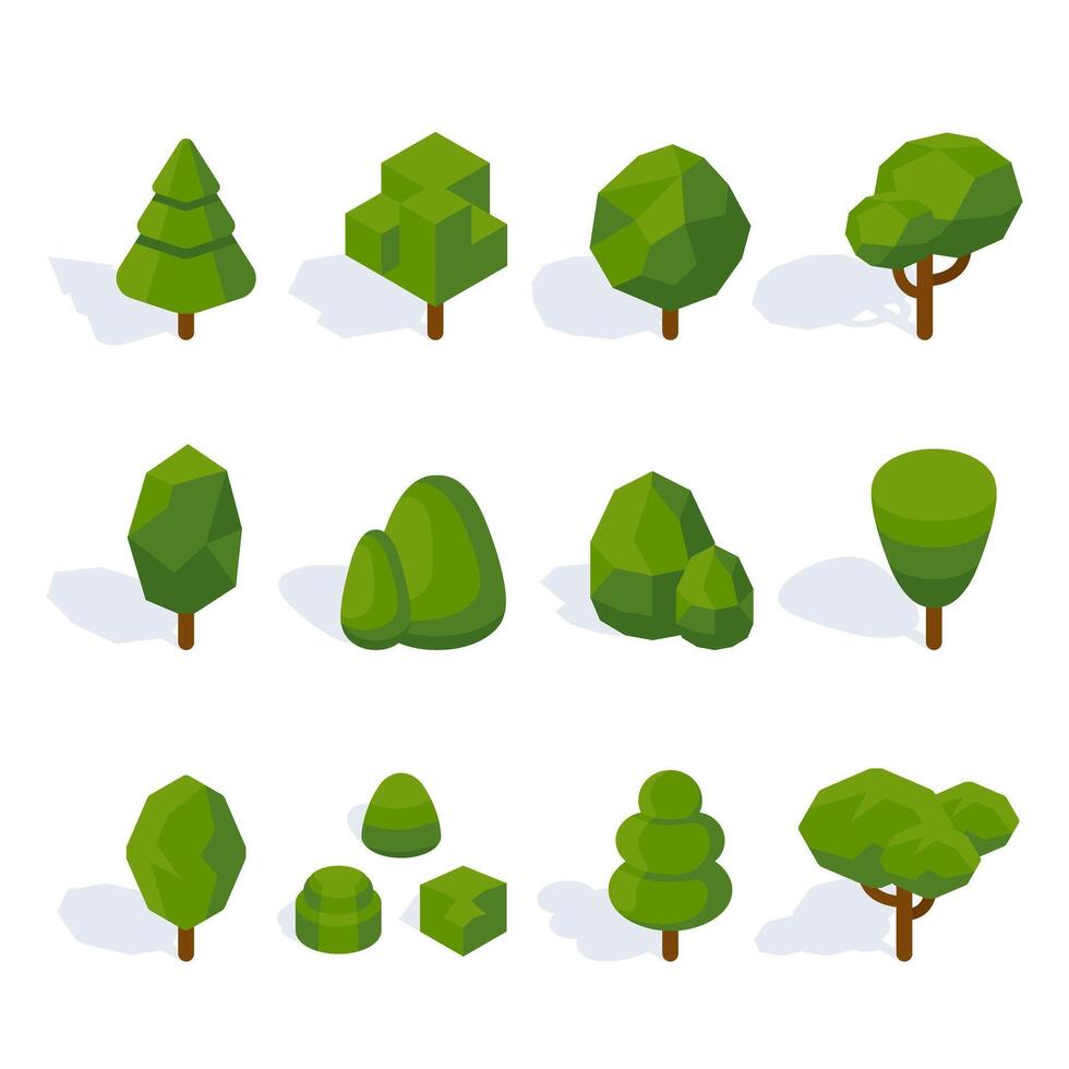 Isometric tree low poly green flat design collection vector
